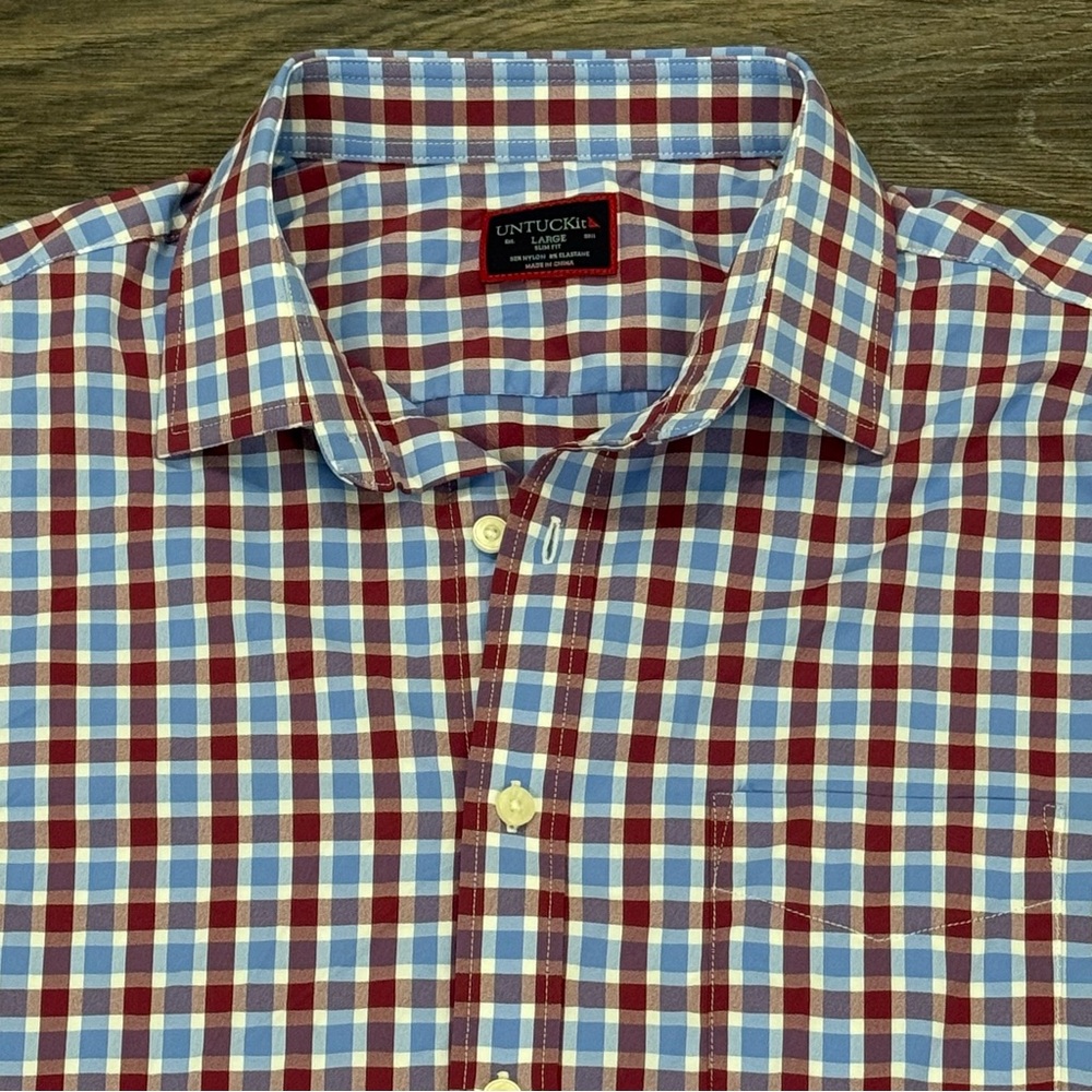 UNTUCKit Hopler Slim Fit Short Sleeve Gingham Shirt Mens Large Blue Red 40629